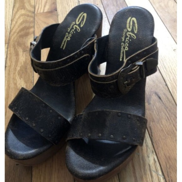 Sbicca Vintage Collection Western Distressed Leather Wood Platform Sandals 10 - Picture 1 of 6